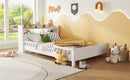 Full Pine Wood Bed with Bookcase Headboard ,LED Motion Sensor Light, Bed Guardrails,White