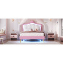 Twin Size Upholstered Bed Frame with LED Lights, Modern Upholstered Princess Bed With Crown Headboard,White+Pink
