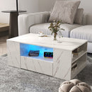 Modern Coffee Tables for Living Room, LED Coffee Table, Storage Coffee Table, Small Coffee Table, Wood Center Table with 2 Drawers and Open Side Shelf