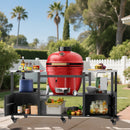 Outdoor Grill Table for Big Green Egg Style BBQ with Metal Grill Cart and Storage Box, Black and Silver, Metal and Stainless Steel, 67x27.8x31 inches