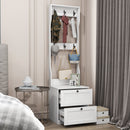 2-in-1 Coat Rack and Nightstand,Wood Bedside/Entryway Storage Organizer with Drawer & Hooks, Freestanding Clothes Hanger for Bedroom,Hallway