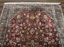 Indian Kashmiri Silk Rug 6x9, Red and Navy Blue, Floral Medallion, Fine 275 KPSI