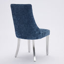 Rayon Cloth Flocking Chenille Dining Chairs Channel Kitchen Dinner Chair Comfy Fabric Upholstered Accent Chair for Dining Room with Silver Brushed Stainless Steel Legs,Set of 2 (Blue), SW1747BL