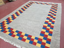 New Turkish Kilim Area Rug, Gray Carpet With Colorful Checker Border, 5'6" x 8", Flatweave Carpet, Playroom Rug, Kids Room Rug, Hand-Knotted