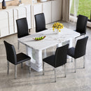 Table and chair set.64.5x35.4 Inch Stylish White Marble Textured Dining Table.Paried With 6 Black PU dining chairs, Silver Metal Legs.Simple and versatile.High Elasticity Sponge Filling.