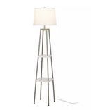 Cresswell 58"H  Silver Metal Etangere Floor Lamp, Gray Shelves and White Linen Drum Shade