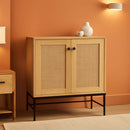 Two Door Rattan Storage Cabinet Natural Finish With Non Scratch Foot Pads For Living Room Hallway Kitchen