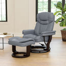 Gray Recliner With Swivel Mahogany Base And Ottoman