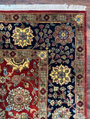 Indo Persian Rug 9x12, Hand Knotted Traditional Indian Wool Oriental Carpet 9 x 12 ft, Maroon and Navy Blue, Floral Allover 9x12 Vintage Rug