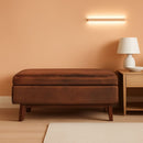 Mid Century Storage Ottoman 36W Chestnut Faux Leather
