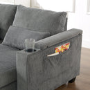 Convertible Chaise Lounge 63' Loveseat Sofa Bed with USB Ports, Cup Holders, Phone Holder, Ample Storage, Grey Corduroy