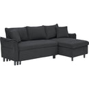 This 80-inch black corduroy L-shaped sofa comes with two small throw pillows that can be converted into a sofa bed for storage