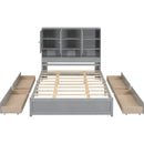 Queen Size Platform Bed with Storage Headboard and 4 Drawers, Gray