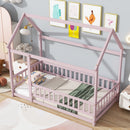 Twin Size House Floor Wooden Bed with Roof Frame,Safety Guardrails,Pink