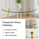 A modern minimalist style round transparent tempered glass table with gold metal legs, paired with 4 modern PU leather high-back dining chairs, bring a luxurious experience.