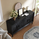 60' Premium Rustic American Farmhouse Credenza in Elegant Black - Symmetrical Sunburst Door Design, Heavy-Duty TV Stand with Adjustable Shelves, Black Wood Storage Cabinet