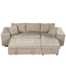 Modern L-Shape 3 Seat Reversible Sectional Couch with Pull Out Sleeper, Storage Chaise & 2 Stools, Cream, Linen Chenille