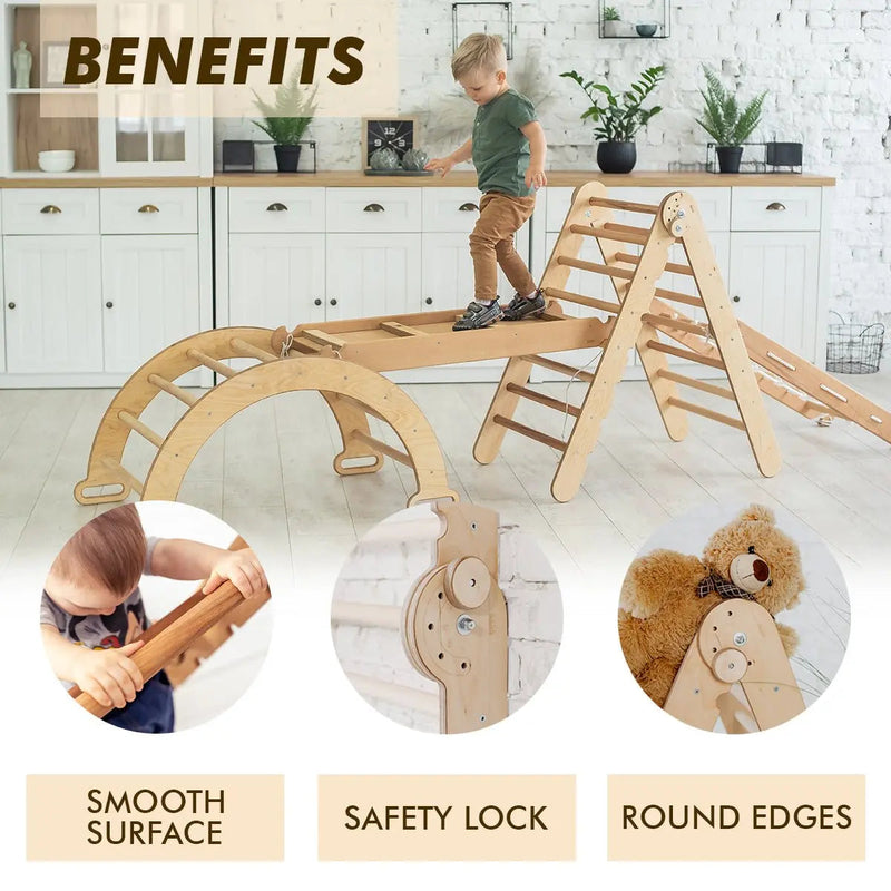 4in1 Montessori Climbing Frame Set: Triangle Ladder + Arch/Rocker + Slide Board/Ramp + Netting rope