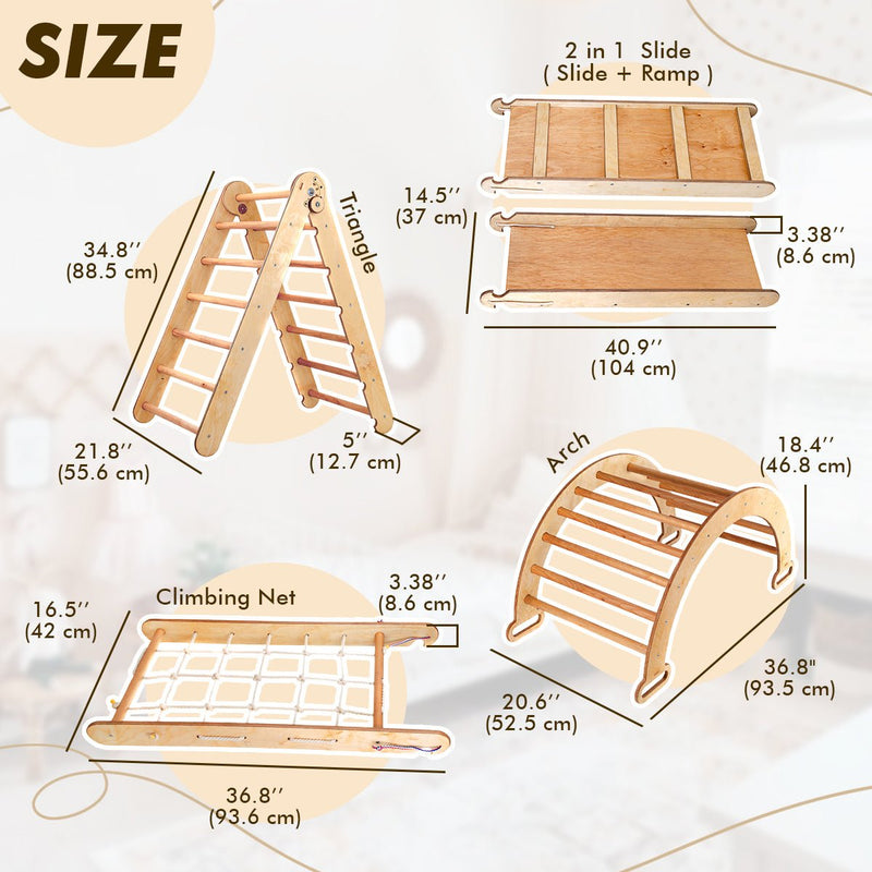 4in1 Montessori Climbing Frame Set: Triangle Ladder + Arch/Rocker + Slide Board/Ramp + Netting rope