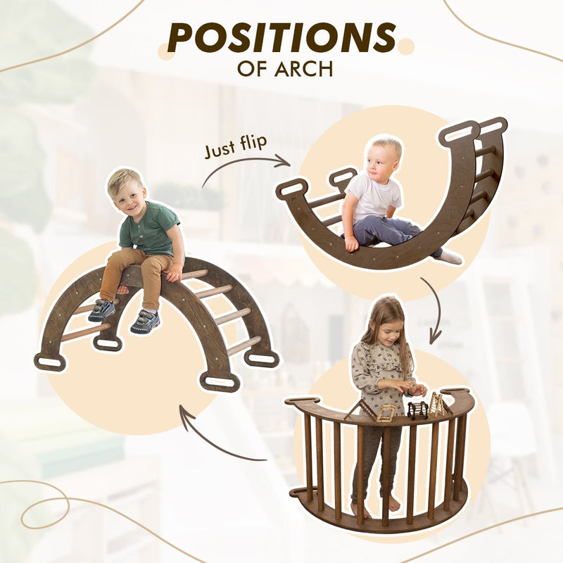 4in1 Montessori Climbing Set: Triangle Ladder + Arch/Rocker + Slide Board/Ramp + Net – Chocolate