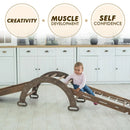 The 4in1 Montessori Climbing Set consists of: Triangle Ladder + Arch/Rocker + Slide Board/Ramp + Net – Chocolate