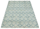 Modern Ivory and Blue Moroccan Hand Made Wool Area Rug