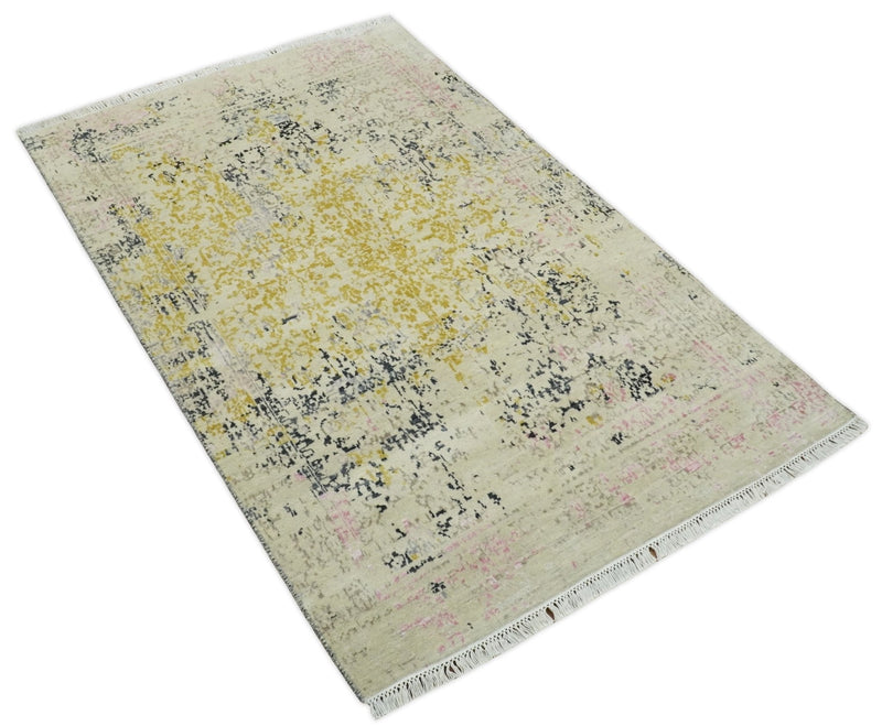 4x6 Fine Hand Knotted Gold, Gray and Ivory Modern Abstract Wool and SIlk Area Rug | AGR17