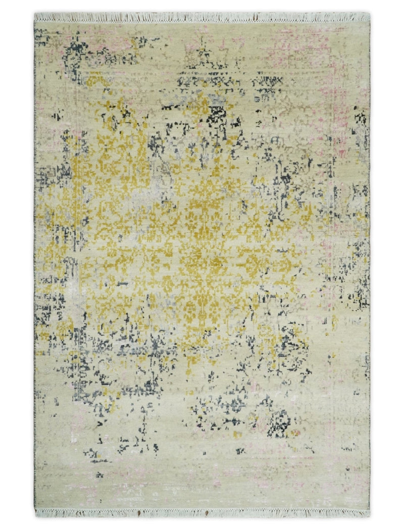 4x6 Fine Hand Knotted Gold, Gray and Ivory Modern Abstract Wool and SIlk Area Rug | AGR17