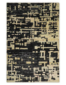 4x6 Hand Knotted Beige and Black Modern Abstract Contemporary Recycled Silk Area Rug