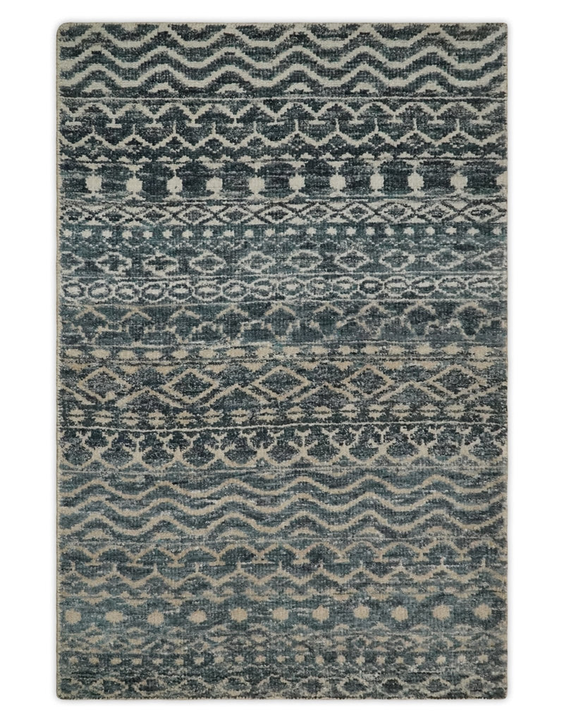 4x6 Hand Knotted Ivory, Camel and Blue Modern Contemporary Southwestern Tribal Trellis Recycled Silk Area Rug | OP55