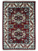 4x6 Hand Knotted Traditional Kazak Maroon And Blue Wool Area Rug