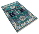 4x6 Hand knotted Traditional Khotan Design Teal And Ivory Wool Rug