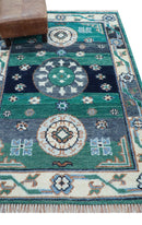 4x6 Hand knotted Traditional Khotan Design Teal And Ivory Wool Rug