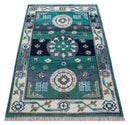 4x6 Hand knotted Traditional Khotan Design Teal And Ivory Wool Rug