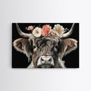 Framed Highland Cow With Flowers Painting canvas print Farmhouse art Cattle Wooden background Country wall art Cow print Rustic Wall Art