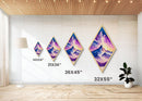 Stellar Mountain Majesty – Diamond Shaped Cosmic Landscape Wall Canvas Art Print with Purple Galaxy Sky and Snowy Peaks