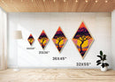 Retro Tree Horizon – Diamond Shaped Sunset Silhouette Canvas Embossed Print with Bold Colors and Stylized Nature Illustration