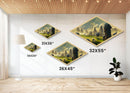 Shepherd’s Morning Peace Diamond Shaped Canvas Embossed Print, pastoral fantasy flock landscape, mystical sunrise with sheep art