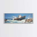 Man Vs. Ocean, Tugboat Crashing On The Rockets, Framed Canvas Print, Nautical Decor, Nautical Centerpiece