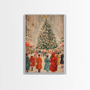 Large Christmas Tree in Snowy Town Square with People Gathering for the Holidays, Framed Canvas Print for Christmas Wall Art