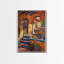 Colorful Mediterranean Courtyard Framed Canvas Print Spanish Tile Art Best Gift Idea Home Decor Above Sofa Wall Art Bright Seasonal Decor