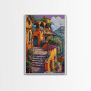 Framed Canvas Print Tall Art Mexican Style Scenic Steps Lined With Colorful Flowers And Architecture