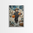 Cowboy Christmas Decor Framed Canvas Print with Pumpkin in Snow, Rustic Holiday Home Wall Art and Seasonal Gift Idea 2024