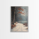 Framed Canvas Print of a Snowy Path with Trees and Red Leaves, Winter Wall Art, Moody Landscape, Best Gift Idea, Modern Christmas Decor