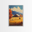 Cowboy Herding Cattle Framed Canvas Print Rustic Autumn Landscape With Barn And Vibrant Fall Colors Perfect Country Christmas Decor Art