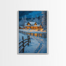 Warm Log Cabin In Snow Framed Canvas Print Wall Art Winter Holiday Decor, Country Christmas Art Gift, Rustic Winter Wonderland Art