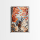 Cowboy riding through autumn forest, Framed Canvas Print, fall landscape wall art, western style decor for cozy homes, perfect gift idea