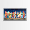 Surfboards with Christmas lights, tropical Christmas wall art, beach holiday decor, framed canvas print, coastal Christmas art, festive art