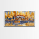 Lakeside cabin in autumn, framed canvas print, cozy fall decor, rustic cabin home decor, fall landscape wall art, perfect autumn gift idea