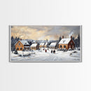 Snowy Village Church Scene, Rustic Christmas Landscape Wall Art, Winter Wonderland Framed Canvas Print, Country Holiday Home Decor